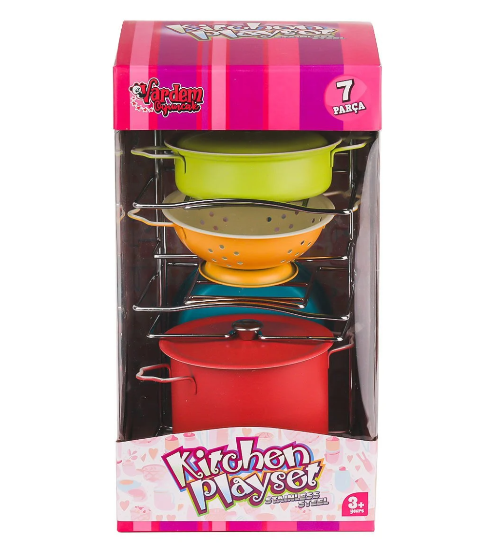Renkli Raflı Emaye Tencere Tava Seti 7 Parça 