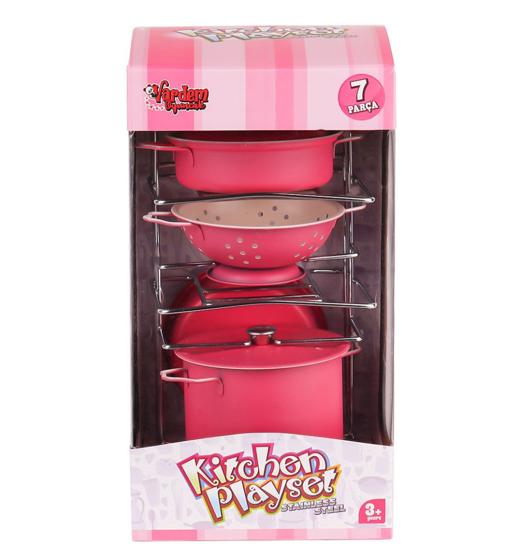 Raflı Pembe Emaye Tencere Tava Seti 7 Parça